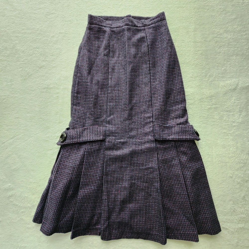 Vintage 70s Tweed Pleated Midi Skirt Womens 5 / 6 Purple Plaid Wool Blend Twee - Picture 12 of 15